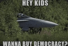 a picture of a fighter jet with the words hey kids wanna buy democracy