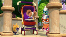 a dog in a stroller is surrounded by a group of cats wearing masks .