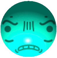 a blue circle with a face on it that looks angry
