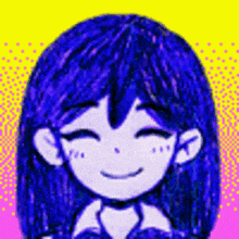 a close up of a drawing of a girl with blue hair and a smile on her face .