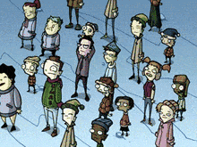 a group of cartoon characters are standing in a line looking up
