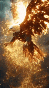 a bald eagle is flying through a cloudy sky surrounded by fire .