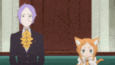 a man with purple hair is standing next to a girl with orange hair