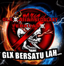 a red circle with a skull and the words glx alliance galaxy terkuat on it