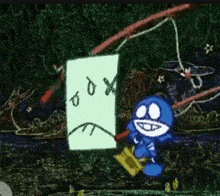 a cartoon character is standing next to a piece of paper with a sad face drawn on it .