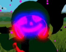 a cartoon character is standing in a field with a glowing face in the middle of the screen .