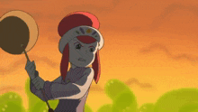 a girl in a red hat is holding a fan with chinese writing on it