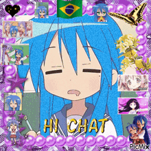 a picture of a girl with blue hair is surrounded by purple beads and the words hi chat