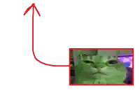 a drawing of a cat with green ears and a red arrow pointing up