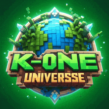 a logo for k-one universe shows a globe surrounded by green cubes