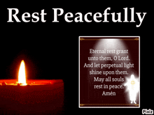 a picture of a candle with the words rest peacefully on it