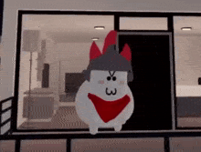 a cartoon character is standing in front of a window wearing a red scarf and a helmet .