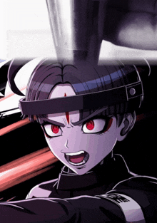 a close up of a cartoon character with red eyes and a headband
