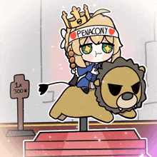 a cartoon drawing of a girl riding a teddy bear with penacony on her head