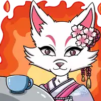 a cartoon drawing of a cat with flowers in her hair holding a cup of tea