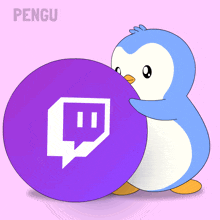 a blue and white penguin holding a purple circle with a twitch logo on it