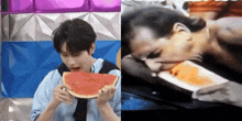 a man is eating a slice of watermelon and a woman is eating a slice of toast .
