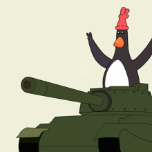 a penguin wearing a red hat is sitting on top of a green tank