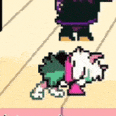 a pixel art of a person standing next to a dog on a wooden floor .