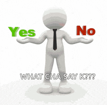 a 3d man is holding a yes or no sign