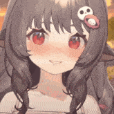 a close up of a girl 's face with a panda on her hair