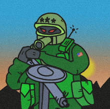 a cartoon drawing of a soldier wearing a helmet with three stars on it