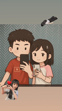 a boy and a girl are taking a picture of themselves in front of a mirror