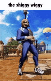 a man in a blue tracksuit is walking on a sidewalk with the caption " the shiggy wiggy " above him