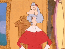 a cartoon character with gray hair and a red cape is standing in front of a picture frame