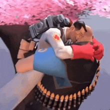 a man is carrying another man on his back in a video game and they are hugging each other .