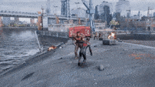 a man in a spiderman costume is running from a group of men