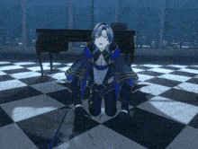 a person kneeling on a checkered floor with a sword in their hand