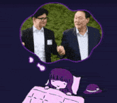 a cartoon of two men standing next to each other with a purple thought bubble above them