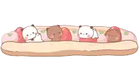 a bunch of cartoon bears laying on top of a sandwich with strawberries