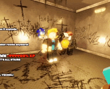 a room with graffiti on the walls including one that says the light
