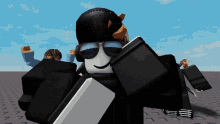 a roblox character wearing sunglasses and headphones stands in front of a blue sky