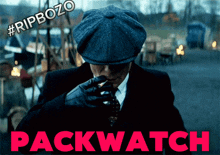 a man in a suit and hat smoking a cigarette with the words packwatch above him