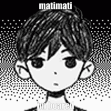 a black and white drawing of a boy with the words matimati i 'm boarded on the bottom