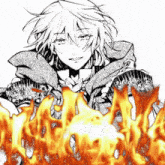 a black and white drawing of a boy standing in front of a large fire .