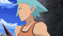 a cartoon character with blue hair and an orange tank top looks to the side