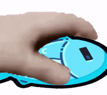 a hand is holding a blue mouse with the letter c on the bottom