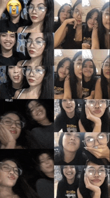 a collage of photos of a girl wearing glasses and a shirt that says stooom on it