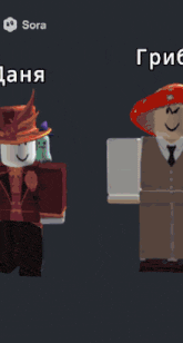 two roblox characters are standing next to each other and one has a mushroom hat on his head