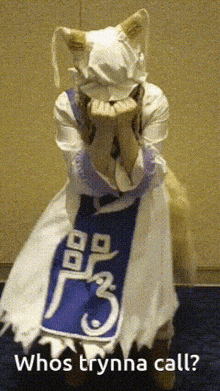 a person in a fox costume with the words whos trynna call written below them