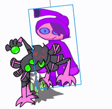 a cartoon drawing of a spider and a purple figure