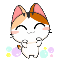a cartoon cat with a surprised look on its face is surrounded by colorful bubbles
