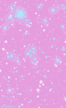 a pink background with blue and white stars floating in the air