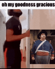 a man with a beard is standing next to a picture of a man with a beard and a hat
