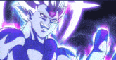 a cartoon character with a purple background and a purple hand