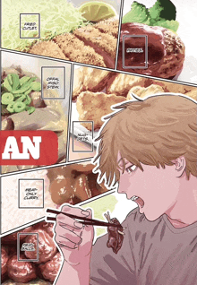 a cartoon of a man eating a meal with the word meat on the bottom right